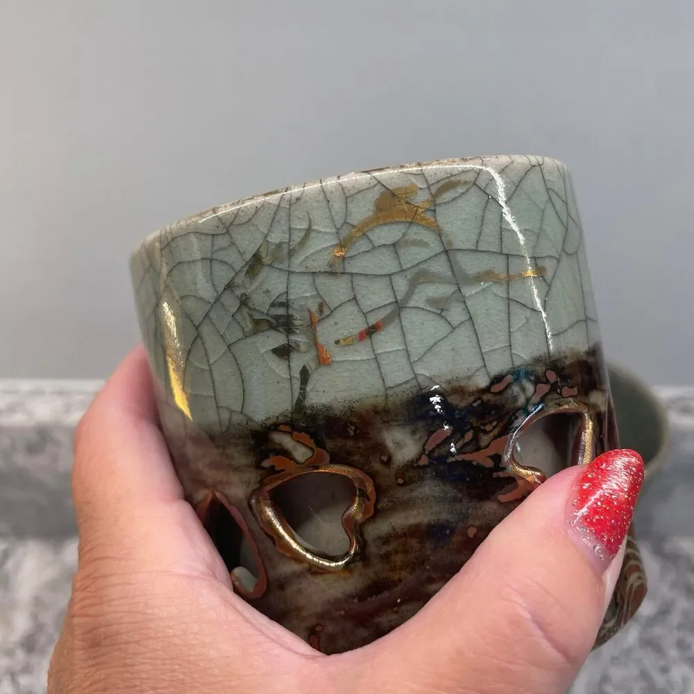 Vintage Somayaki Soma Ware Green Crackle Gold Horse Double Wall Mugs Set 6